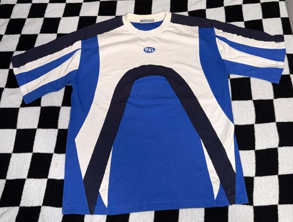 Aelfric Eden Blue White Black Colorblock Patchwork Short Sleeve T-Shirt Size S